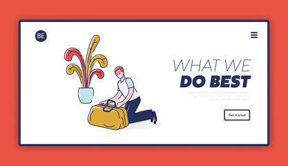 Man packing suitcase for trip. Travel package landing page design. Young guy luggage for journey