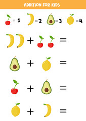 Addition with different fruits. Cartoon banana, cherry, lemon, avocado.