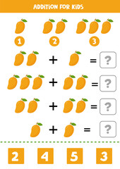 Addition with cute cartoon vector mango. Printable worksheet.