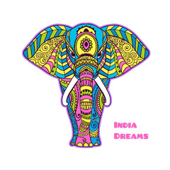 Boho elephant. Vector illustration. Floral design, hand drawn map with Elephant ornamental