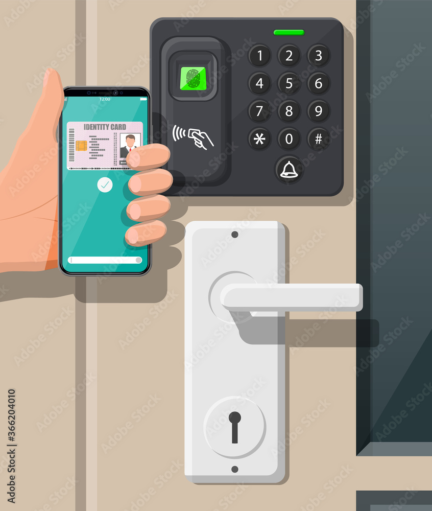Poster password and fingerprint security device at office or home door. hand with smartphone with id card a