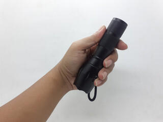 Black Military Style Technical Stainless Steel LED Bright Electric Flashlight in White Isolated Background