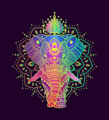 Boho elephant pattern. Vector illustration. Floral design, hand drawn map with Elephant ornamental