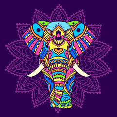 Boho elephant pattern. Vector illustration. Floral design, hand drawn map with Elephant ornamental