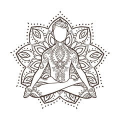 Fototapeta na wymiar Yoga man Vector illustration line drawing Ornament beautiful card with yoga man.