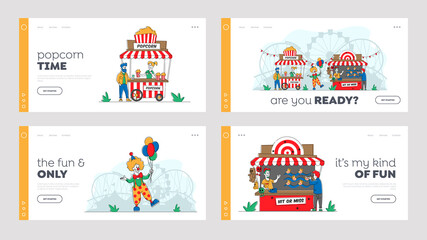 Characters Visit Amusement Park Landing Page Template Set. People Eating Out and Relax in Public Place, Outdoors Leisure