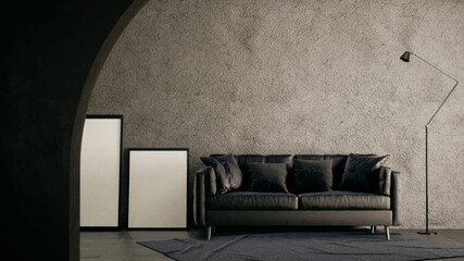 Modern loft style black living room with grey wall 3d render. The Rooms have loft grey walls and tile flooring. Furnished with black furniture