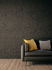 Modern Black Room Interior design with Sofa. room mockup stylish, living room interior 3d render illustration