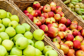 red and green ripe apples. Ripe apple tree fruits, closeup. Harvest apple s, a bunch of fruits on a shelf in the store.