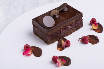 delicious chocolate cake on a white plate