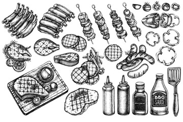 Vector set of hand drawn black and white spatula, Pork ribs, kebab, sausages, steak, sauce bottles, grilled burger patties, grilled tomato, grilled salmon steak, grilled bell pepper