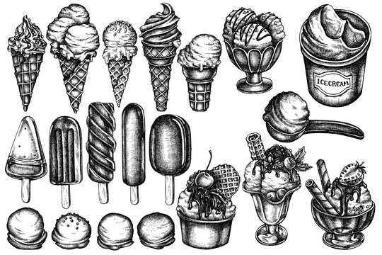 Vector set of hand drawn black and white ice cream bowls, ice cream bucket, popsicle ice cream, ice cream cones