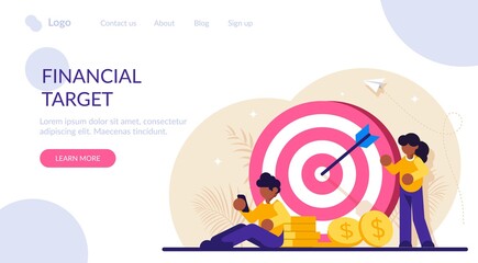 Concept of financial target. Data analytics, marketing solutions. financial performance. People in the background of the target and stacks of coins. Moden flat illustration.
