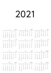 2021年月曜始まりカレンダー
