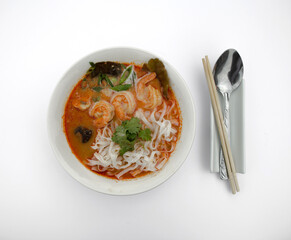Tom yum with shrimp and rice noodles and rice