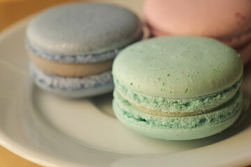 Macro shot of french macarons in pastel colors