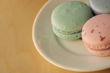 Macro shot of french macarons in pastel colors