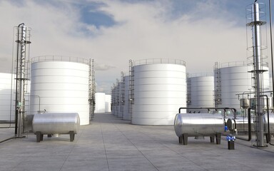 Obraz premium oil refinery, chemical production, waste processing plant, exterior visualization, 3D illustration