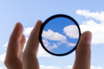 Polarizing filter for camera lens in photography. Accessory for the photographer