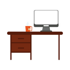 desk computer and coffee cup office supply stationery work flat style icon