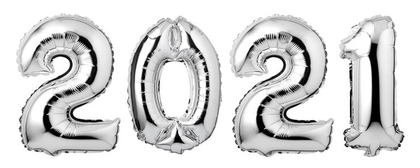 Numbers 2021 made of  silver balloons isolated on white background. New year concept.