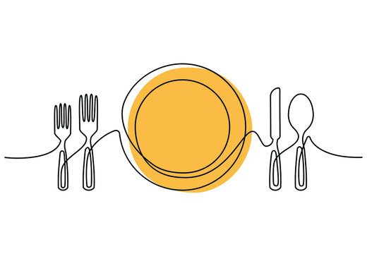 Continuous one line drawing plate forks spoon and knife. Hand drawn dinnerware set with bright spot for logo. Minimalistic design isolated on white background. Vector illustration