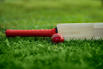 leather Cricket ball resting on a cricket bat placed on green grass cricket ground pitch