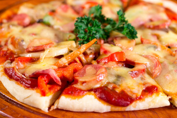 Pizza slices on the tray at pizza restaurant