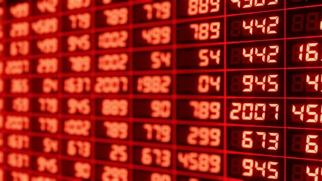 3d rendering of a financial exchange Board with red numbers. Stock market background. 4k loop animation