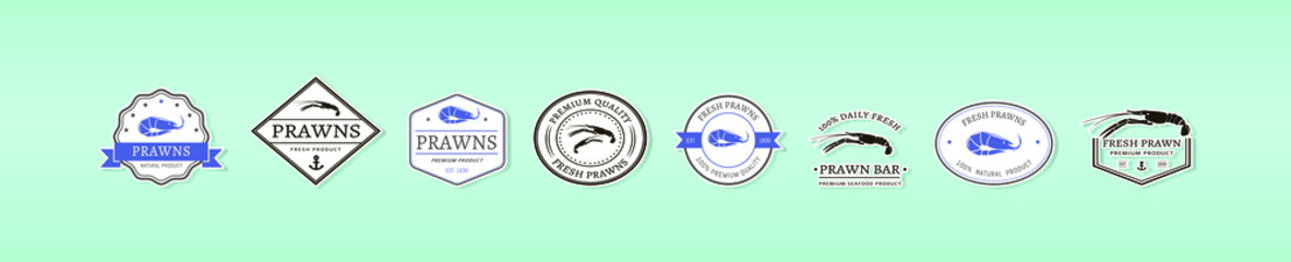 Set of the shrimps meat labels isolated on a tosca background. Design element for logo, label, badge, sign. Vector illustration.