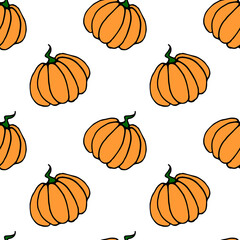 Seamless pattern of orange pumpkins. Background and texture. Symbol autumn, crop, fruitful year, thanksgiving day. Hand drawn vector EPS10 outline illustration, isolated