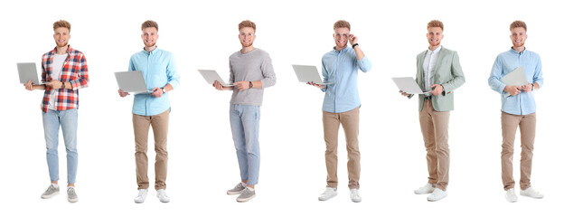 Obraz premium Collage of young men with laptops on white background. Banner design