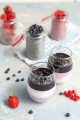 Layered blueberry dessert with cottage cheese in glasses on a concrete blue background. Vertical photo.