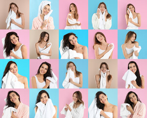 Fototapeta na wymiar Collage of women with towels on different color backgrounds