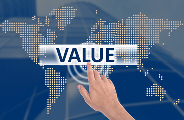 Value concept. Man using virtual screen, closeup