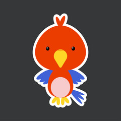 Cute funny baby parrot sticker. Adorable bird character for design of album, scrapbook, card, poster, invitation. Flat cartoon colorful vector stock illustration.