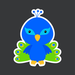 Cute funny baby peacock sticker. Adorable bird character for design of album, scrapbook, card, poster, invitation. Flat cartoon colorful vector stock illustration.