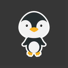 Cute funny baby penguin sticker. Arctic adorable bird character for design of album, scrapbook, card, poster, invitation. Flat cartoon colorful vector stock illustration.