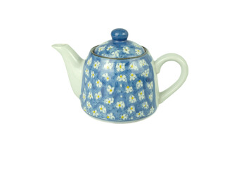 Light blue teapot with white flower pattern isolated on a white background. Asian food concept, space for text..