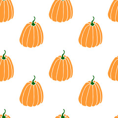 Seamless pattern of orange pumpkins. Background and texture. Symbol autumn, crop, fruitful year, thanksgiving day. Hand drawn vector EPS10 flat illustration, isolated