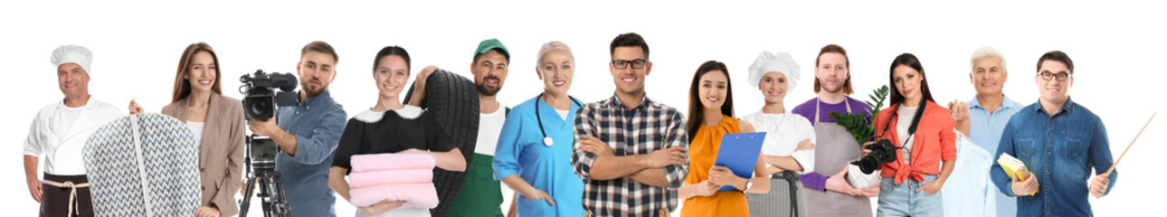 Career choice. People of different professions on white background, banner design