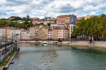 Lyon cityscape from Saone river with colorful houses and river, France, Europe