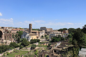 Fototapeta na wymiar The Roman Forums, a walk in the ancient Roman Forum makes us travel through time.