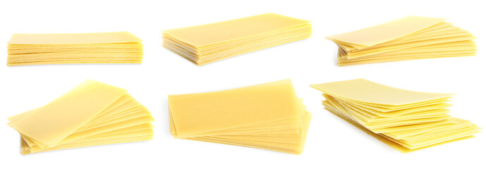 Set with stack of uncooked lasagna sheets on white background. Banner design