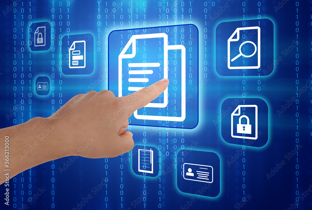Poster man pointing at document icon on virtual screen, closeup