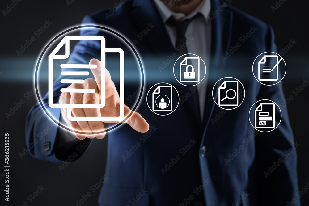 Poster man pointing at document icon on virtual screen, closeup