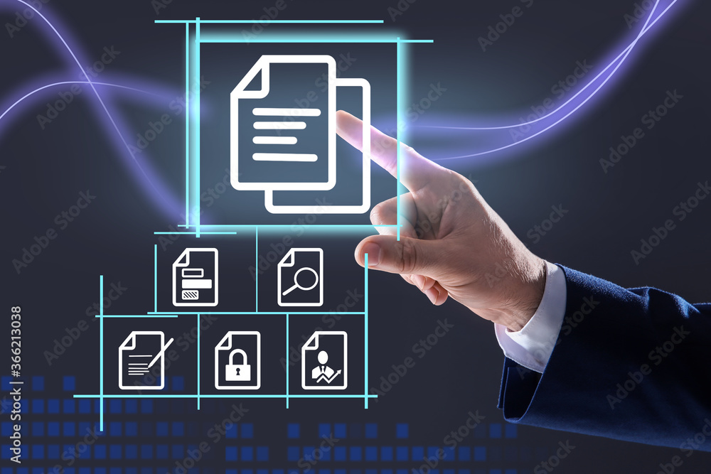 Poster man pointing at document icon on virtual screen, closeup