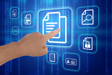 Man pointing at document icon on virtual screen, closeup