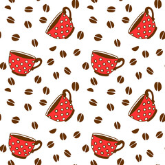 Seamless pattern with red polka dot cups mugs and grains of coffee. Hand drawn kitchen supplies isolated. Vector background and texture. Perfect for packaging, home decoration, textile, menu, cafe