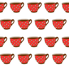 Seamless pattern with red polka dot cups. Vector background and texture with Mugs from hot drink. Hand drawn kitchen supplies isolated. Perfect for packaging, home decoration, textile, menu, cafe